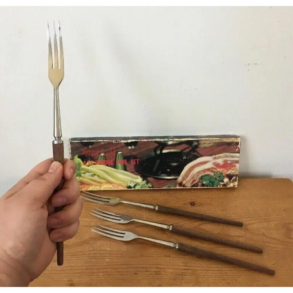 Set 4 Vtg Mid Century Canoe Muffin Japanese Stainless Teak 3 Prong Fondue Forks